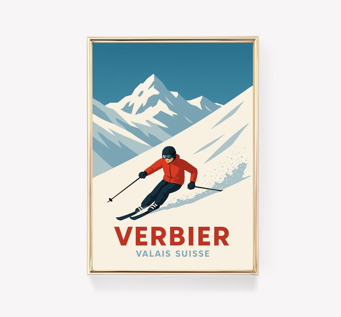 Verbier Valais Suisse Vintage Skier Alpine Slope Travel Poster