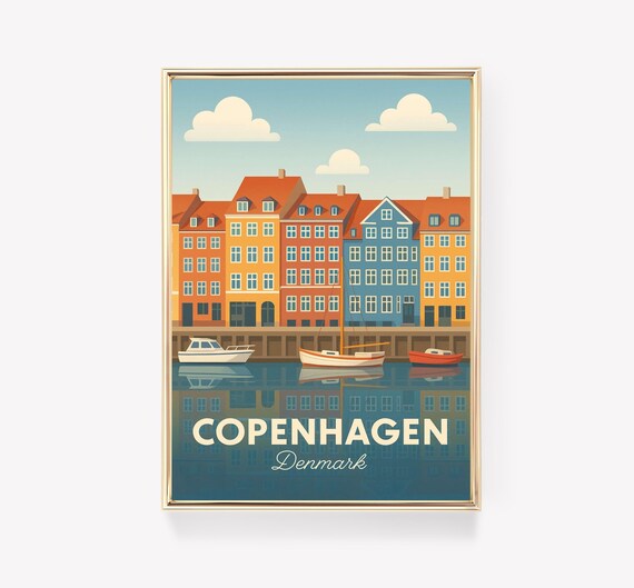 Copenhagen Denmark Vintage Travel Poster Nyhavn Colorful Houses Art