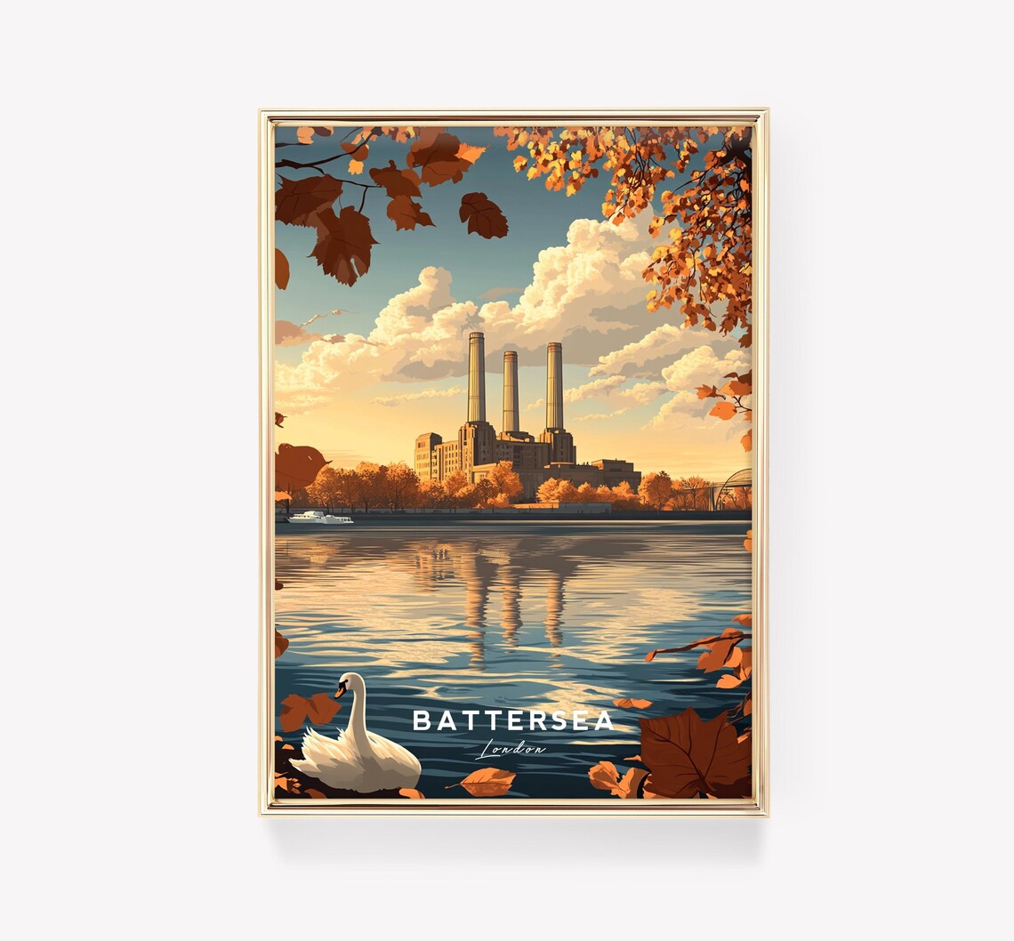 Battersea London Power Station Autumn Thames Swan Travel Poster