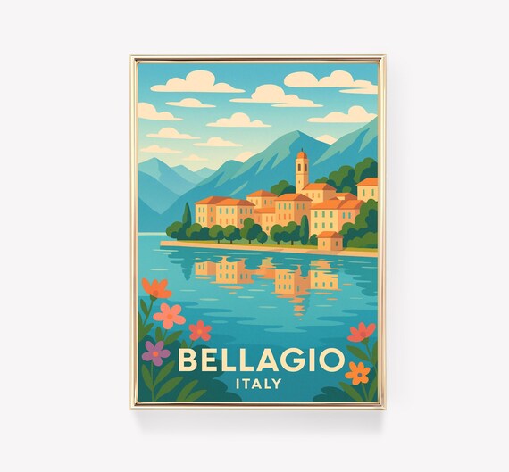 Bellagio Italy Retro Travel Poster Lake Town Mountains Illustration