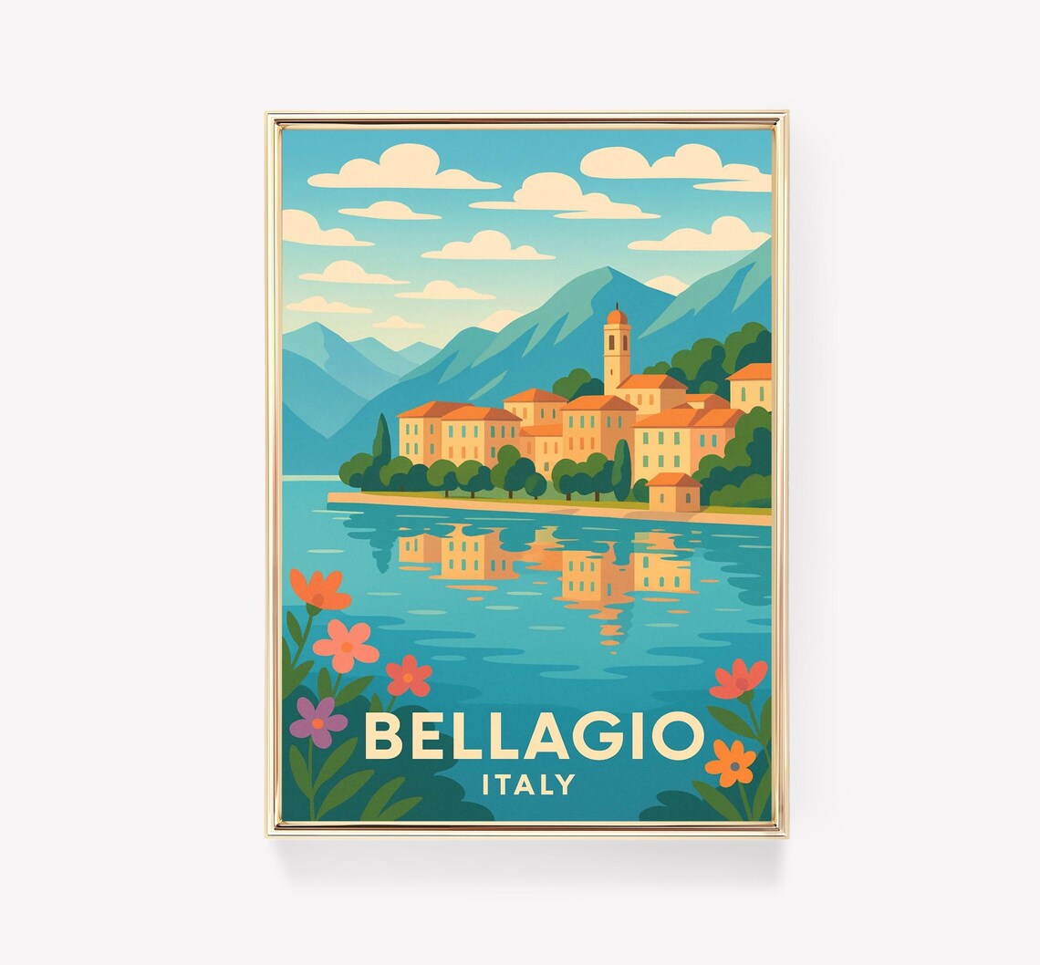 Bellagio Italy Retro Travel Poster Lake Town Mountains Illustration