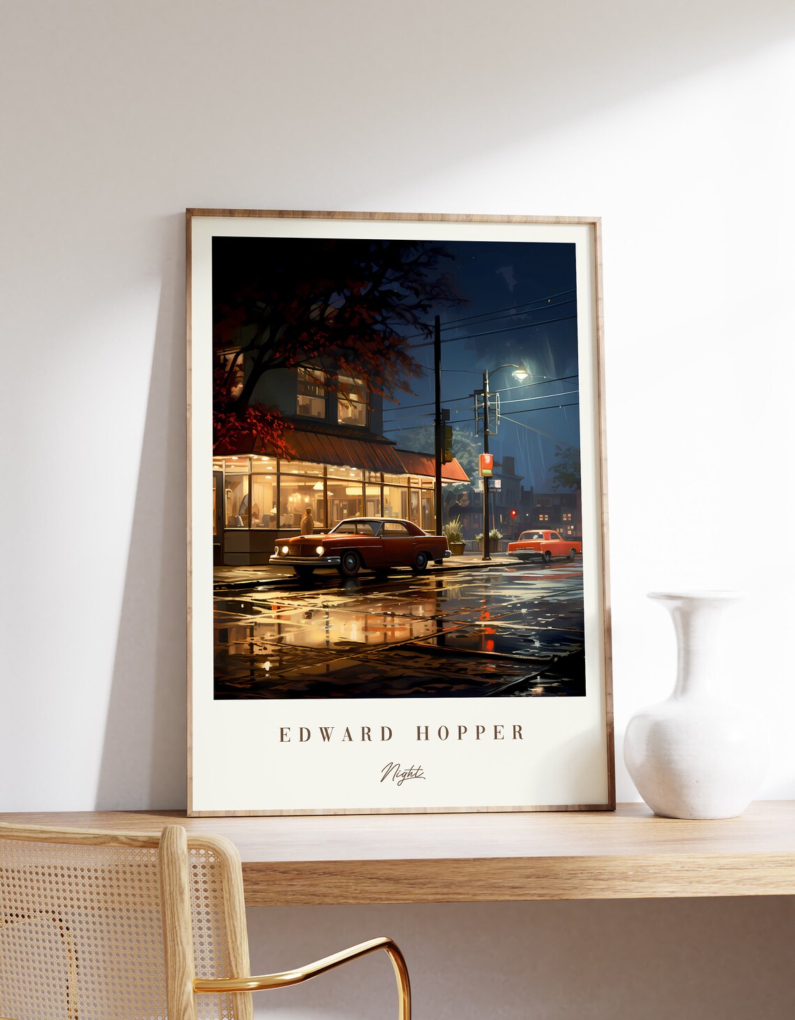 Edward Hopper Night Rainy Street Corner Cafe Red Cars Vintage Art Poster