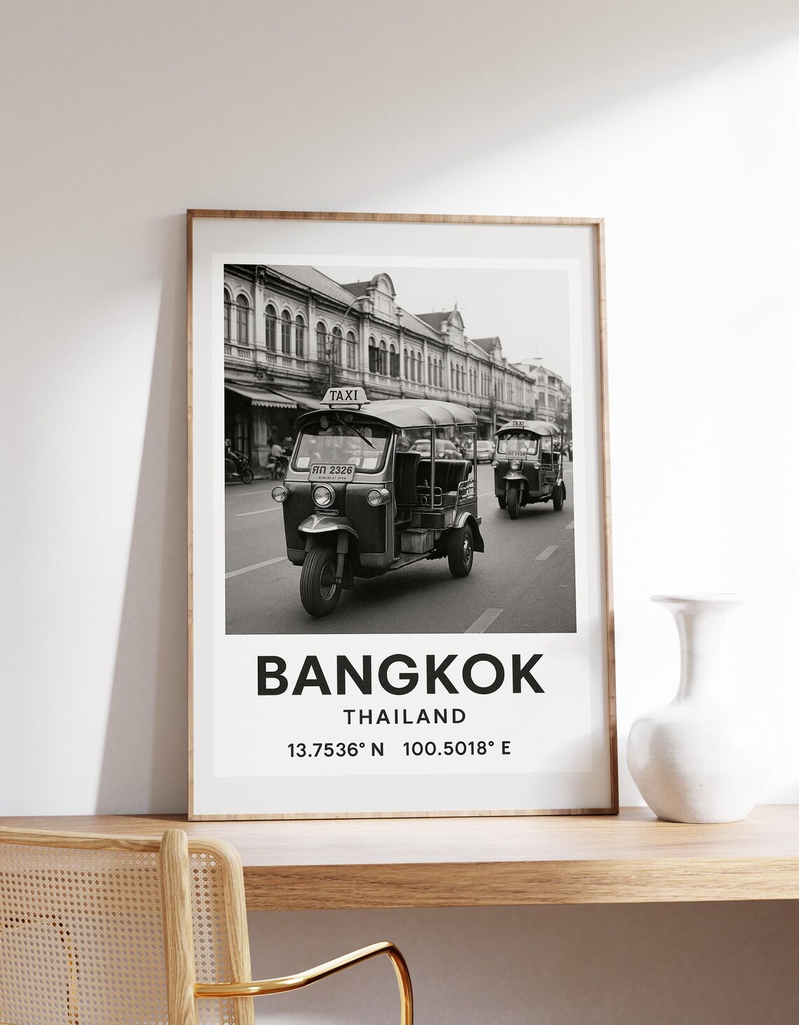 Bangkok Thailand Tuk Tuk Street Black and White Photo Art Poster