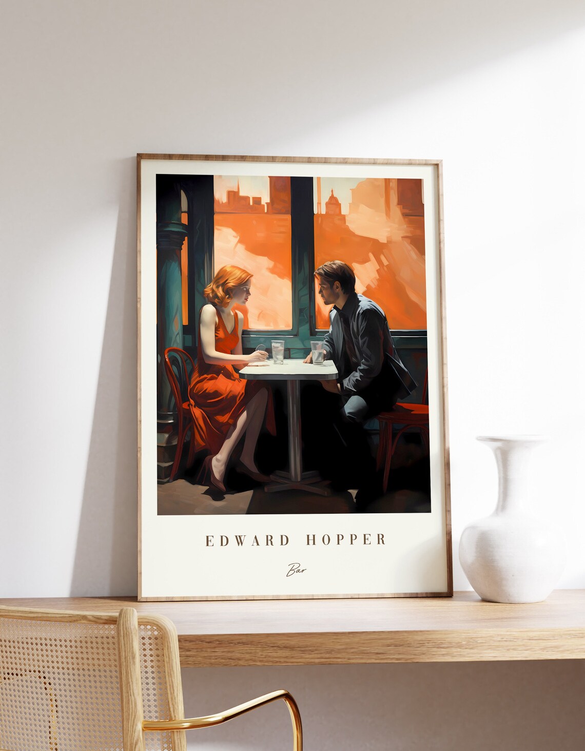Edward Hopper Bar Couple at Cafe Table Orange City Glow Painting Poster