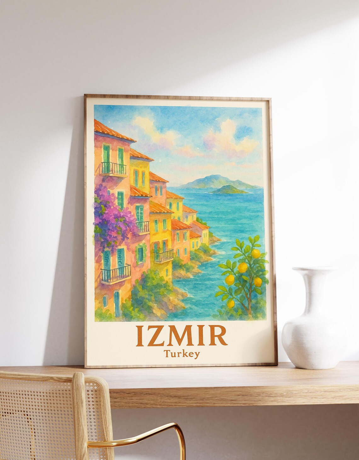 Izmir Turkey Old Aegean Coast Colorful Watercolor Travel Poster