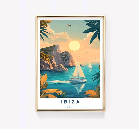 Ibiza Spain Sailboats Turquoise Sea Beach Coast Travel Poster