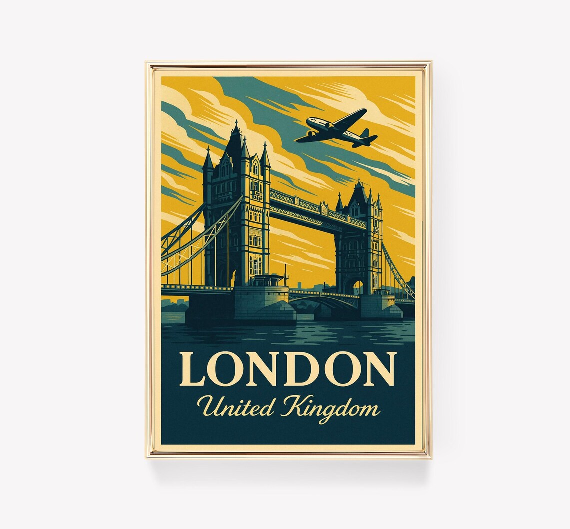 London United Kingdom Vintage Travel Poster Tower Bridge Sky Art