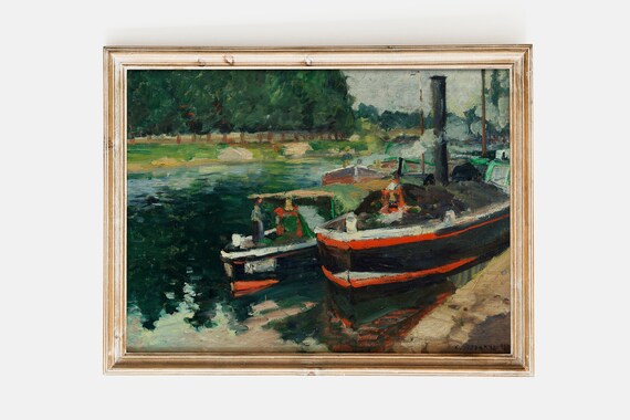Camille Pissarro Barges At Pontoise 1876, Vintage Landscape Poster