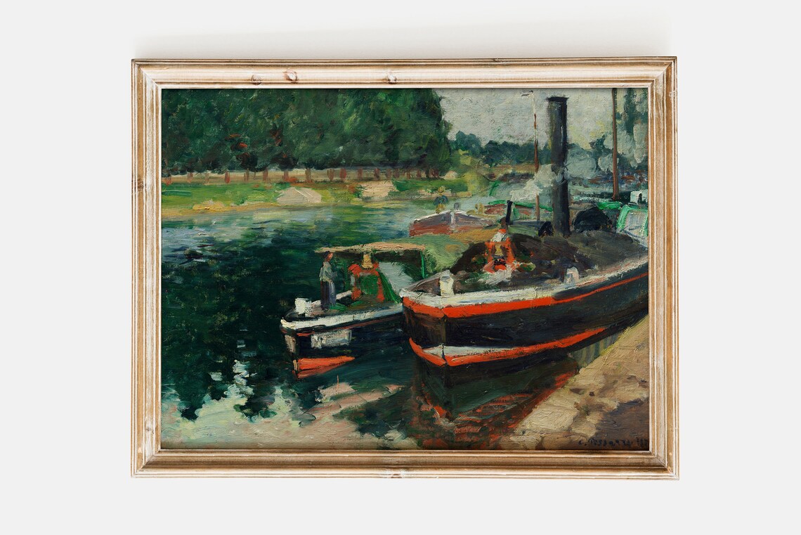 Camille Pissarro Barges At Pontoise 1876, Vintage Landscape Poster