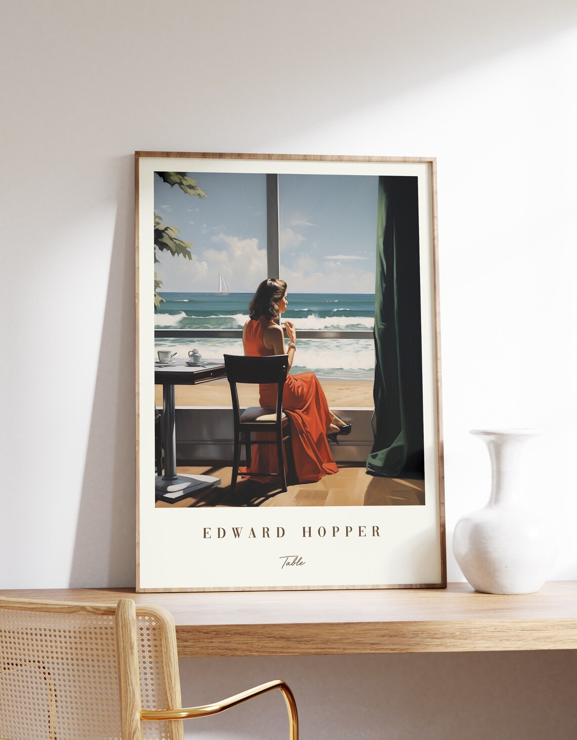 Edward Hopper Table Woman Red Dress Ocean View Cafe Art Poster