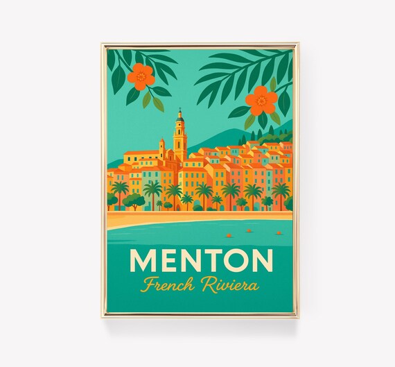 Menton French Riviera Vintage Travel Poster Mediterranean Coast Art
