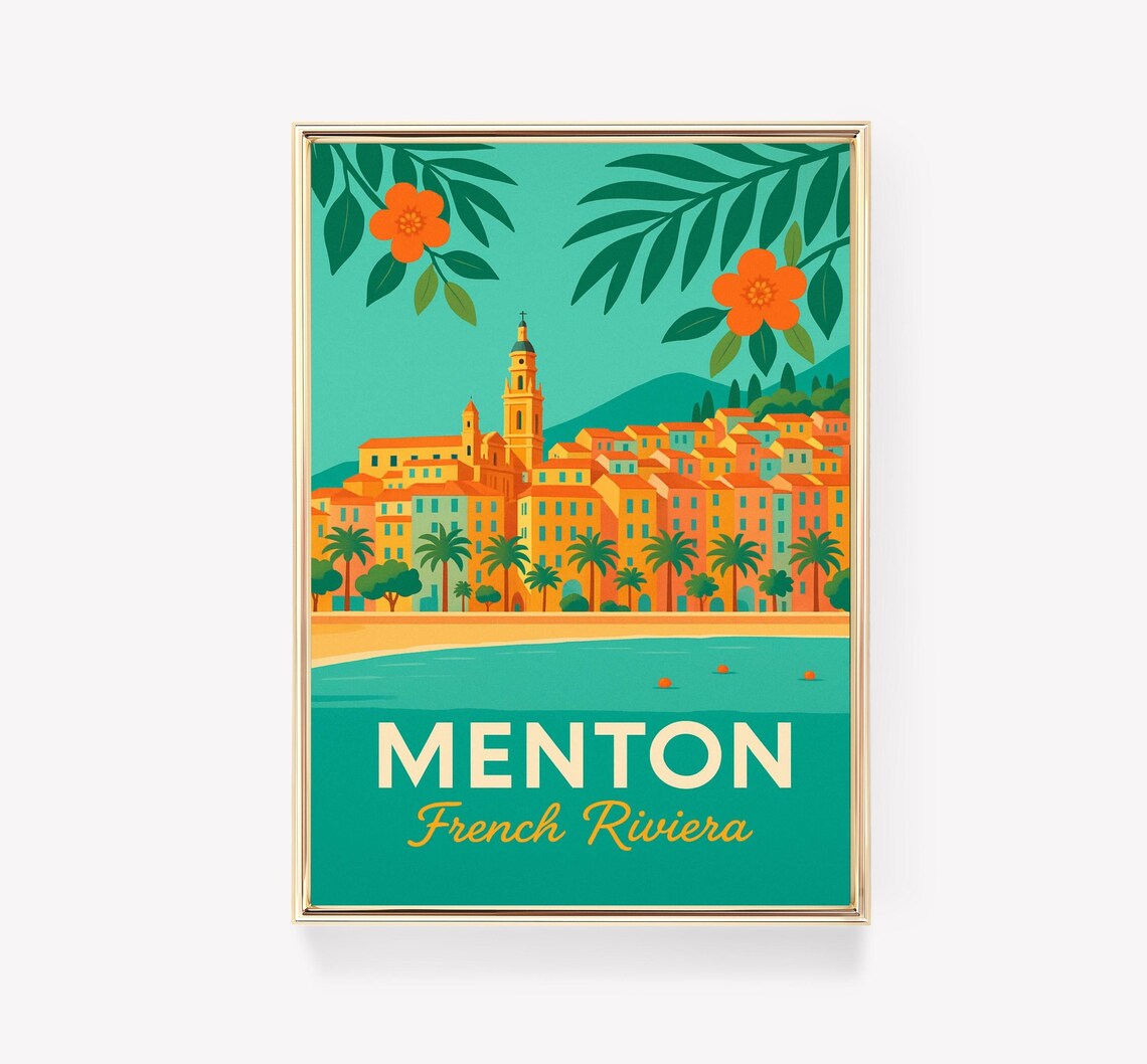 Menton French Riviera Vintage Travel Poster Mediterranean Coast Art