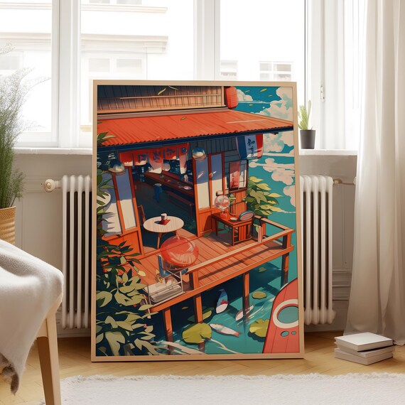Charming Japanese Cafe on Wooden Stilts Over Koi Pond Anime Poster