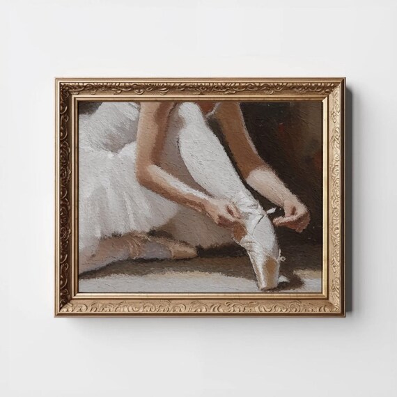 Ballerina Print Ballet Tutu Painting Putting On Pointe Shoes Wall Art Dancer Decor Girls Room Vintage Muted Neutral