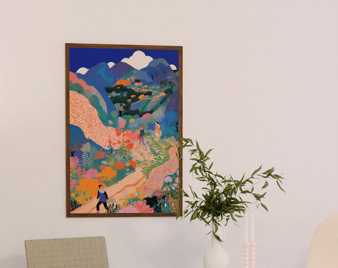 Colorful Abstract Mountain Valley with Hikers Landscape Poster - Image 4