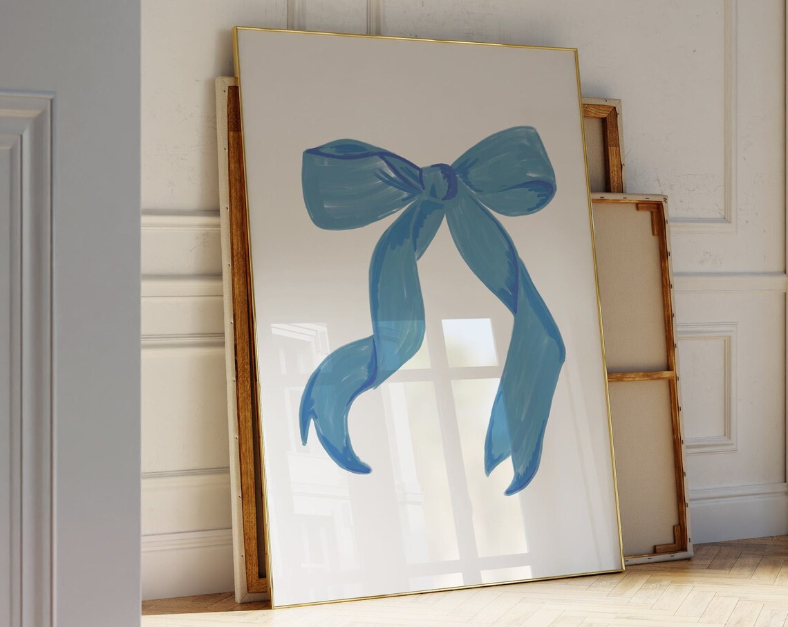 Blue Ribbon Bow Watercolor Coquette Preppy Grandmillennial Wall Poster