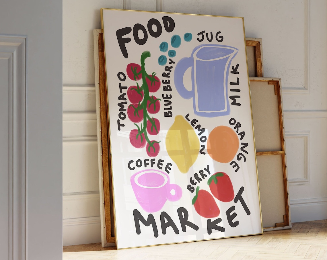 Food Market Poster, Trendy Fruit Maximalist Art Print