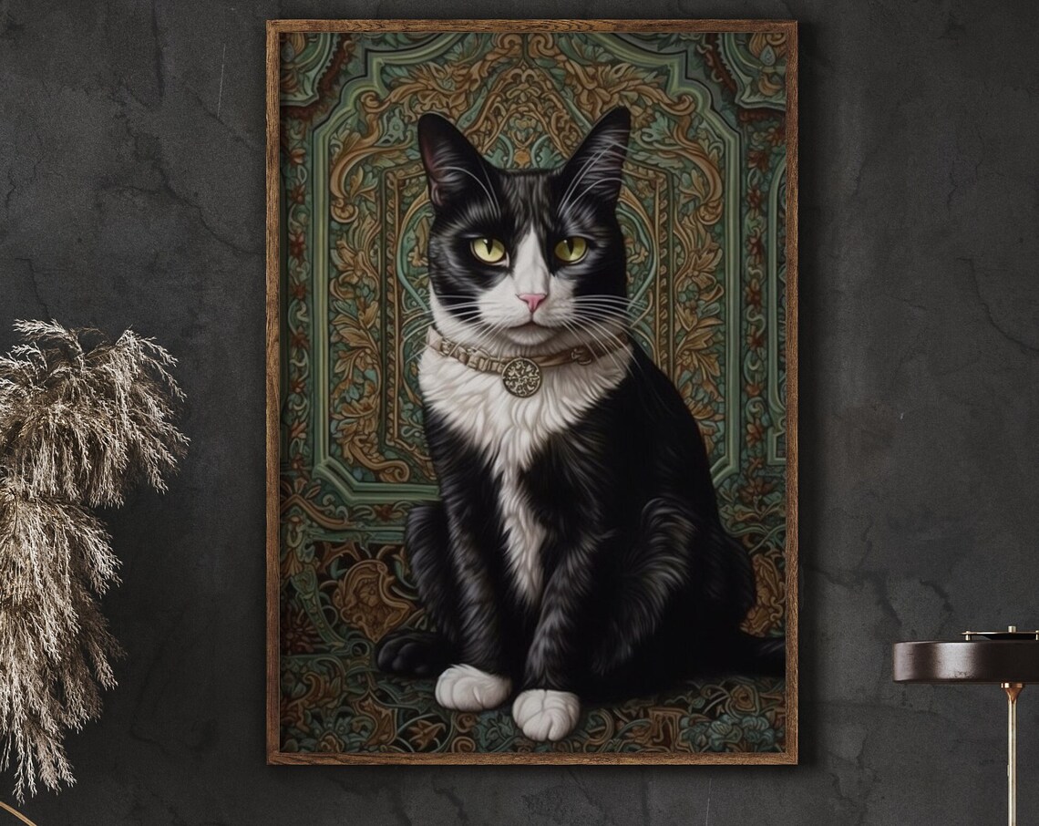 Tuxedo Cat William Morris Portrait Jeweled Collar Cat Lover Wall Art