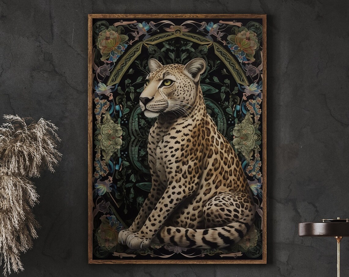 Cheetah Seated in Ornate Botanical Arch on Dark Moody Art Print - Image 4