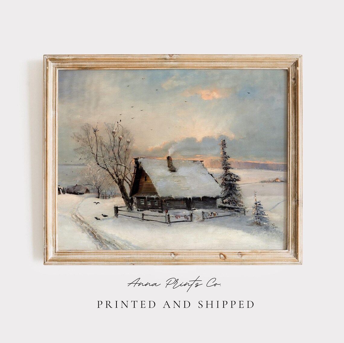 Antique Snowy Landscape, Rustic Cabin Winter Art Print