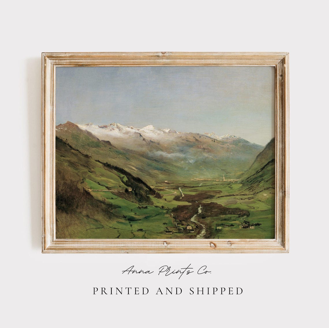 Mountain Valley With Snow Capped Peaks And Village Vintage Print
