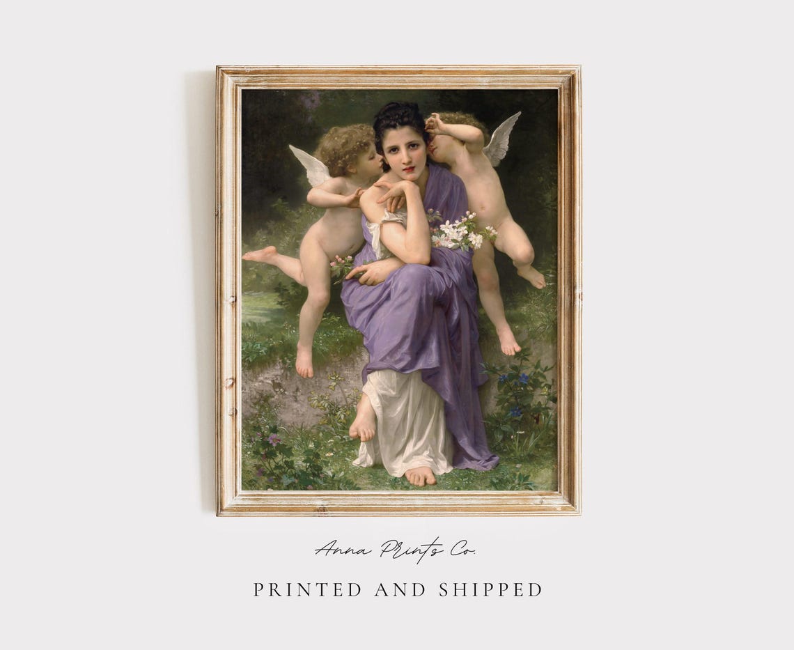 Young Woman With Cherubs Vintage Painting Print Classical Spring Art