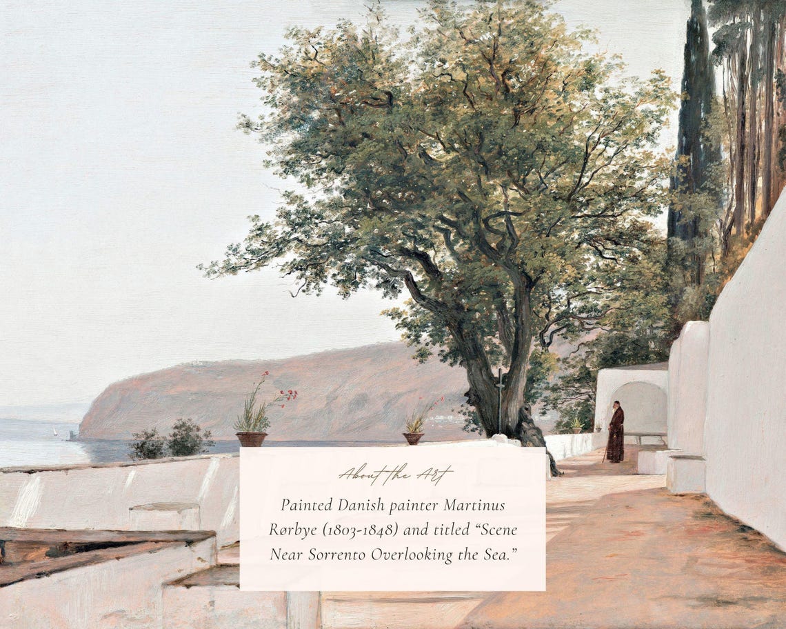 Italian Coastal Terrace With Olive Tree And Sea Cliffs Vintage Print - Image 2