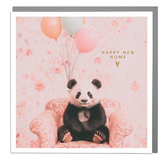 Panda Cub Happy New Home Pink Balloon Floral Chair Greeting Card Wall Art