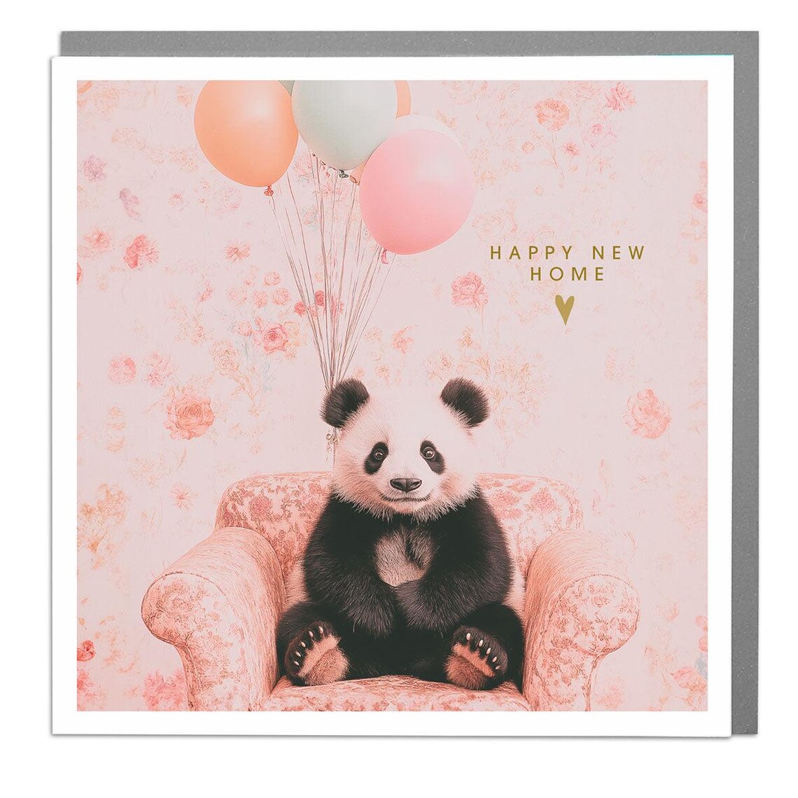 Panda Cub Happy New Home Pink Balloon Floral Chair Greeting Card Wall Art