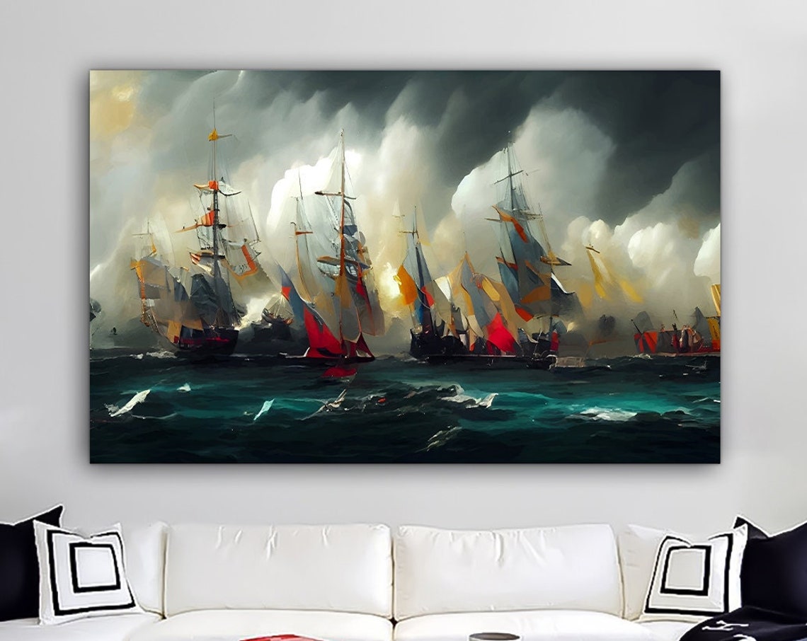 Stormy Sea Sailing Warships Abstract Fleet Nautical Art Poster