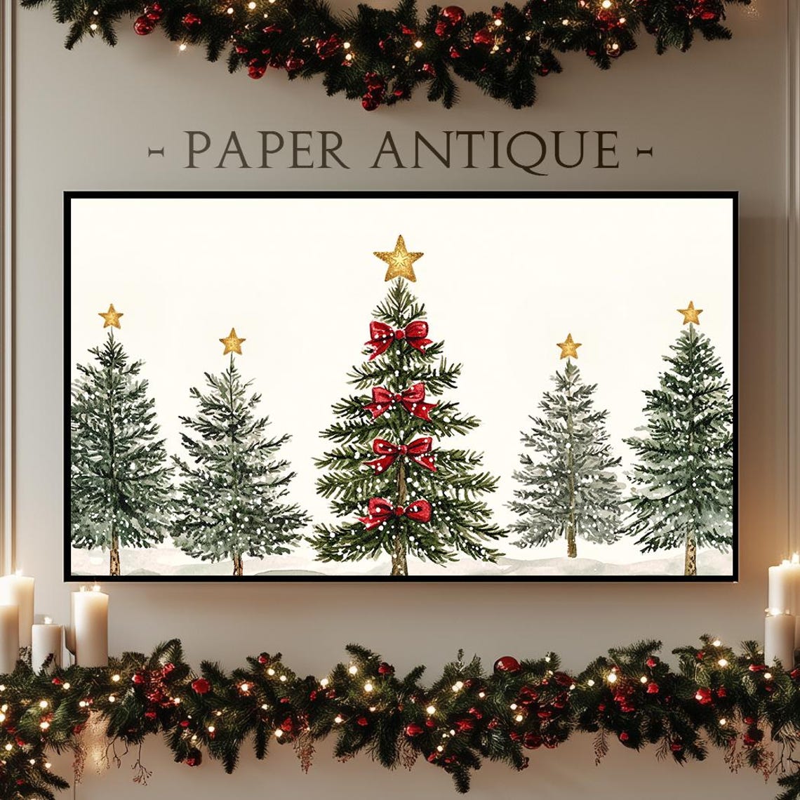 Delicate Watercolor Christmas Trees With Red Bows Festive Poster