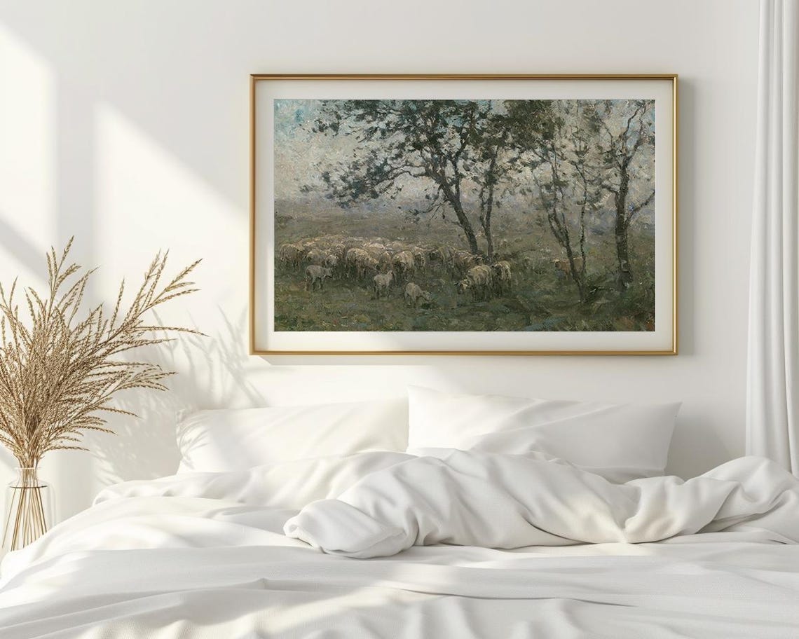 Pastoral Sheep Under Trees Impressionist Rural Vintage Painting Poster - Image 2