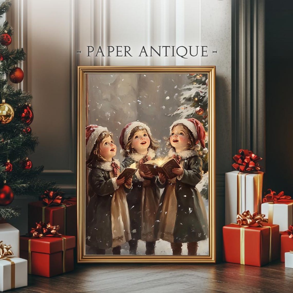 Three Children Caroling In The Snow Vintage Christmas Choir Poster - Image 4