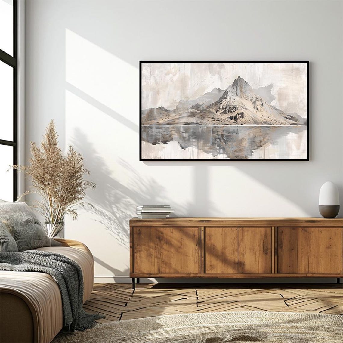 Neutral Beige Mountain Reflection Calm Water Minimalist Poster - Image 4