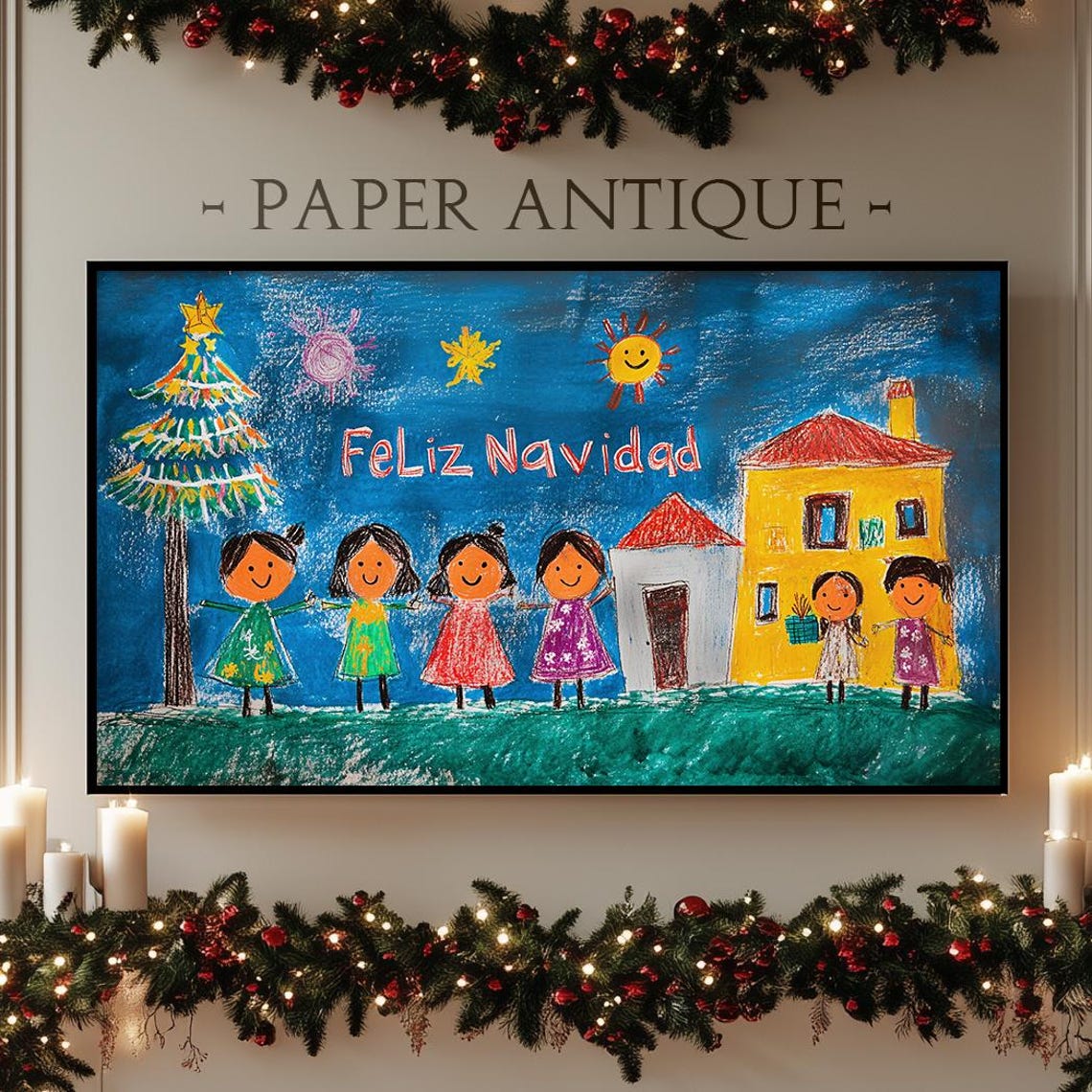 Colorful Christmas Drawing Happy Children Feliz Navidad Poster