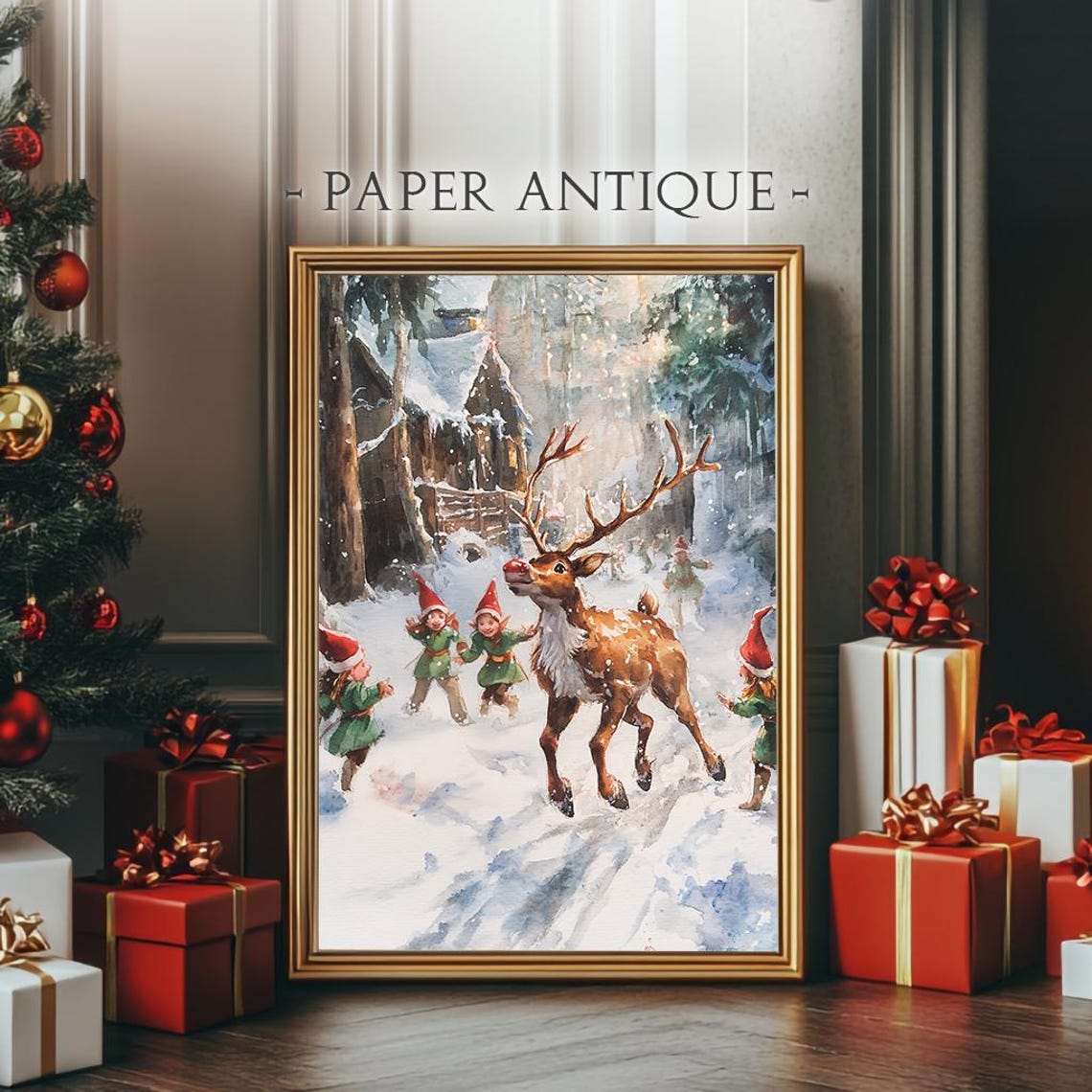 Red Nosed Reindeer Playing With Elves In Snowy Village Poster - Image 4