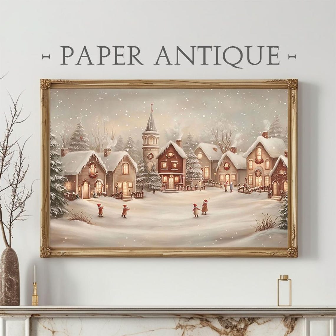 Christmas Village with Children Playing in Snow Vintage Poster