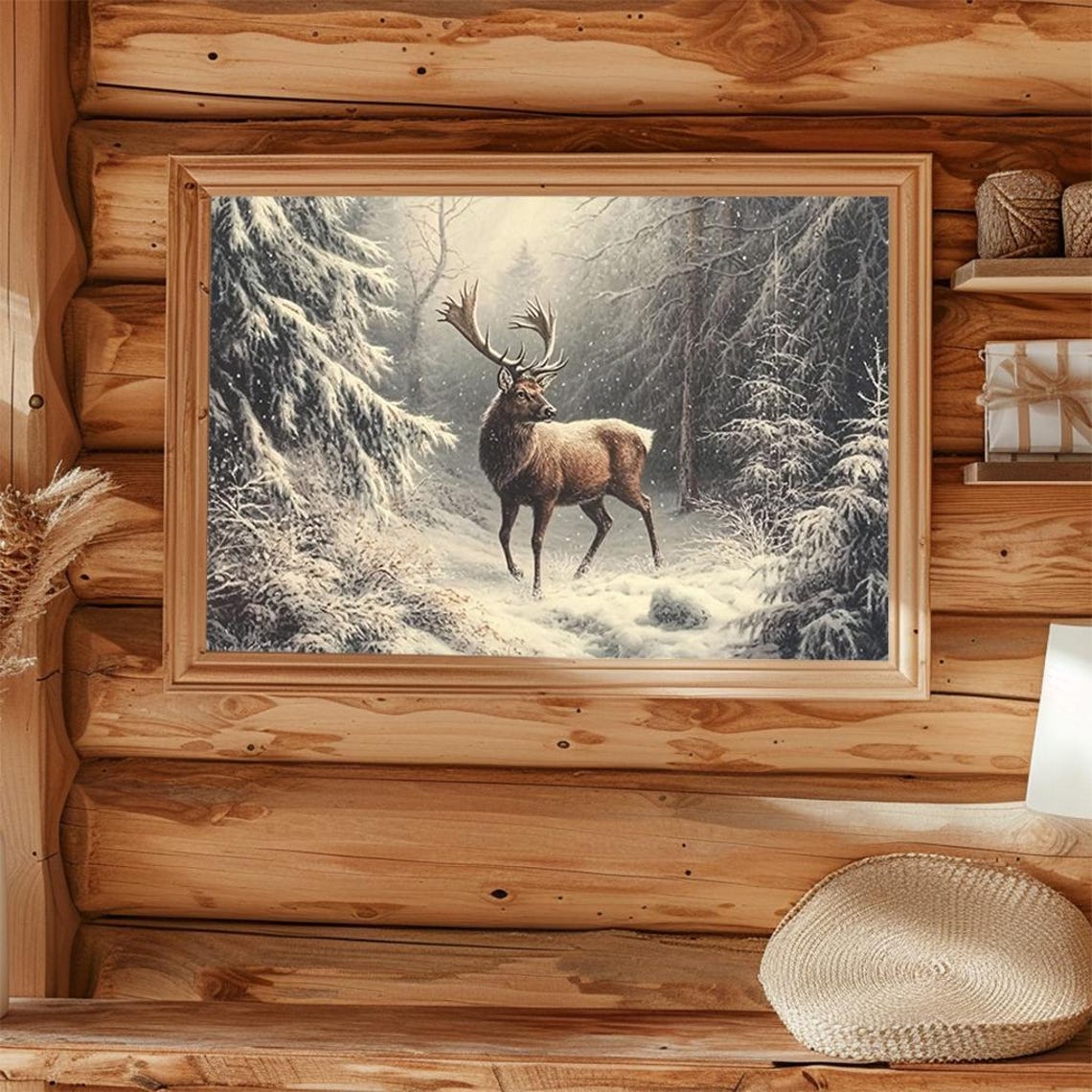 Majestic Stag in Snowy Winter Forest Victorian Oil Painting Poster - Image 4