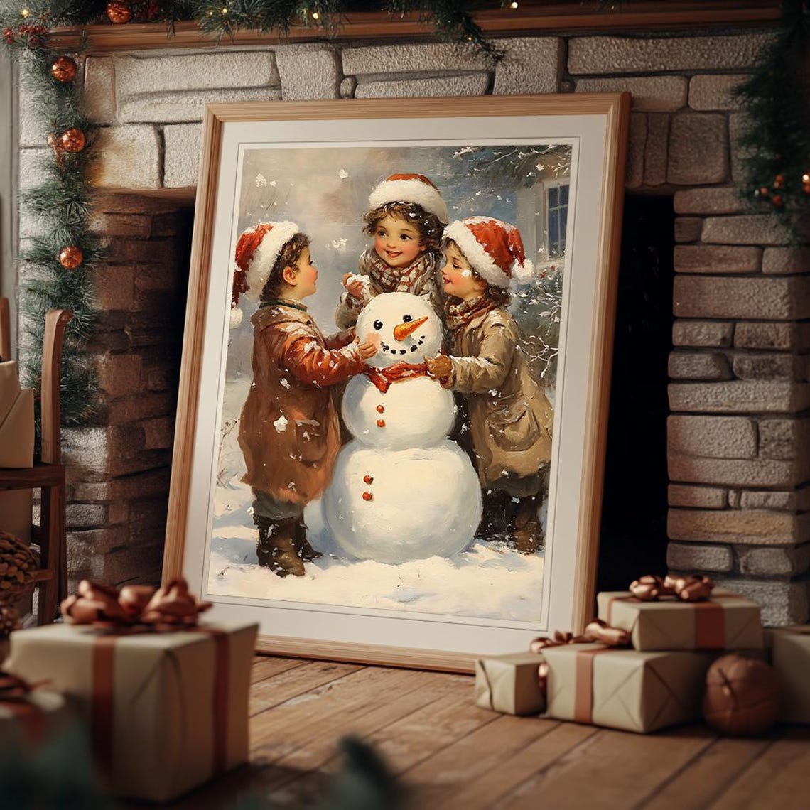 Children Building A Snowman In Vintage Christmas Painting Poster - Image 3