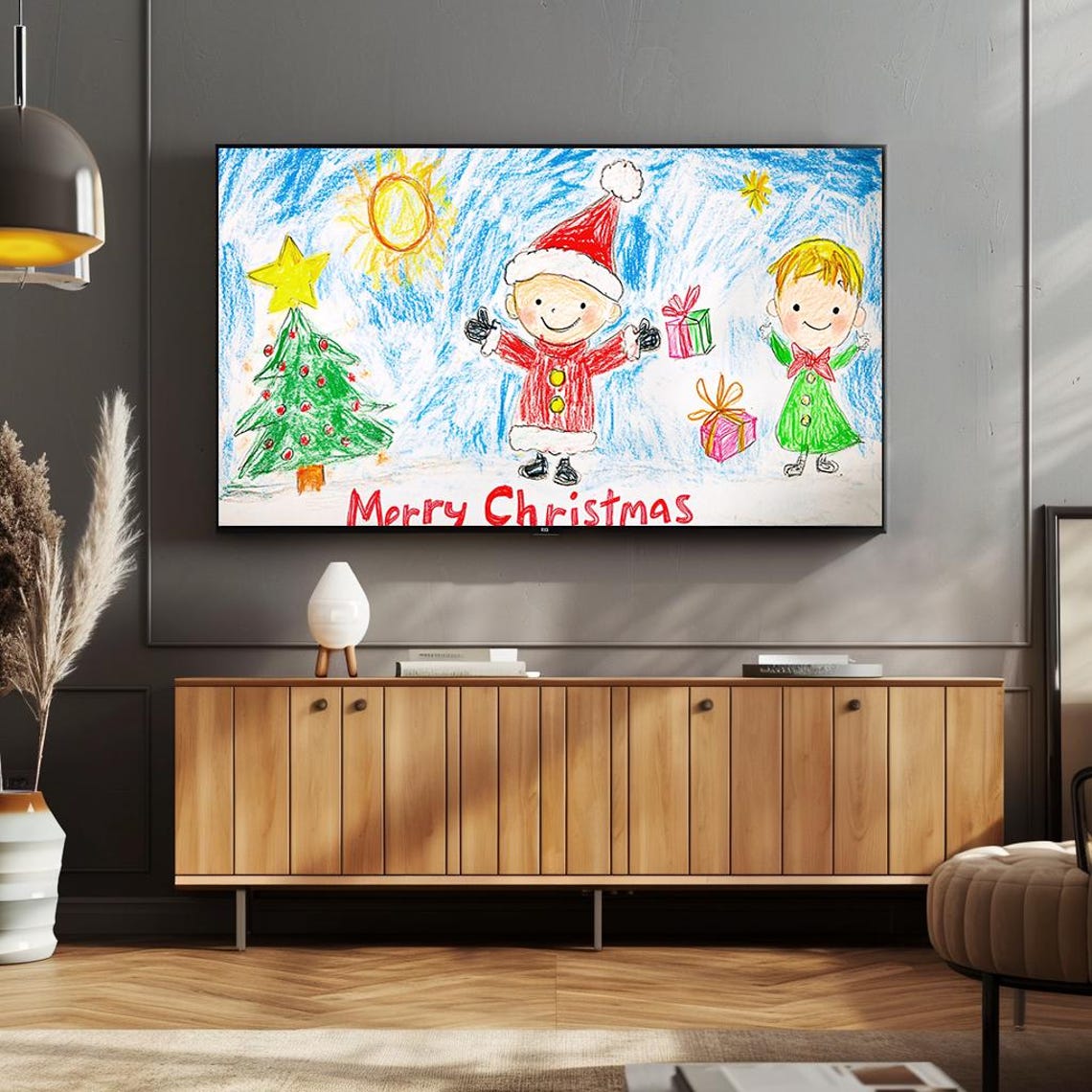 Merry Christmas Kids Crayon Drawing Colorful Holiday Scene Poster - Image 4