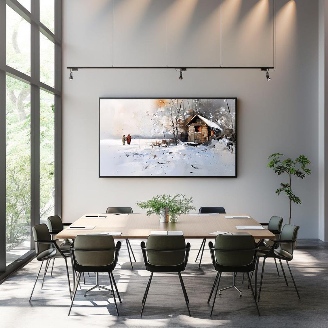 Snowy Log Cabin in Winter Two Walkers Impressionist Art Poster - Image 3