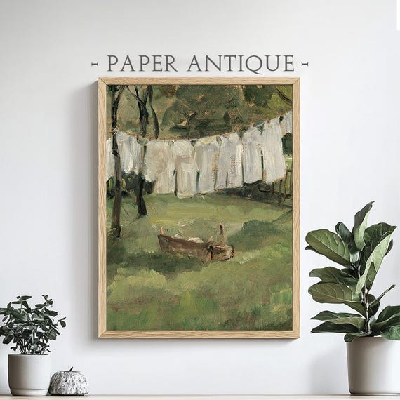 Laundry Day Countryside Oil Painting Rustic Farm Life Wall Art Print Pt