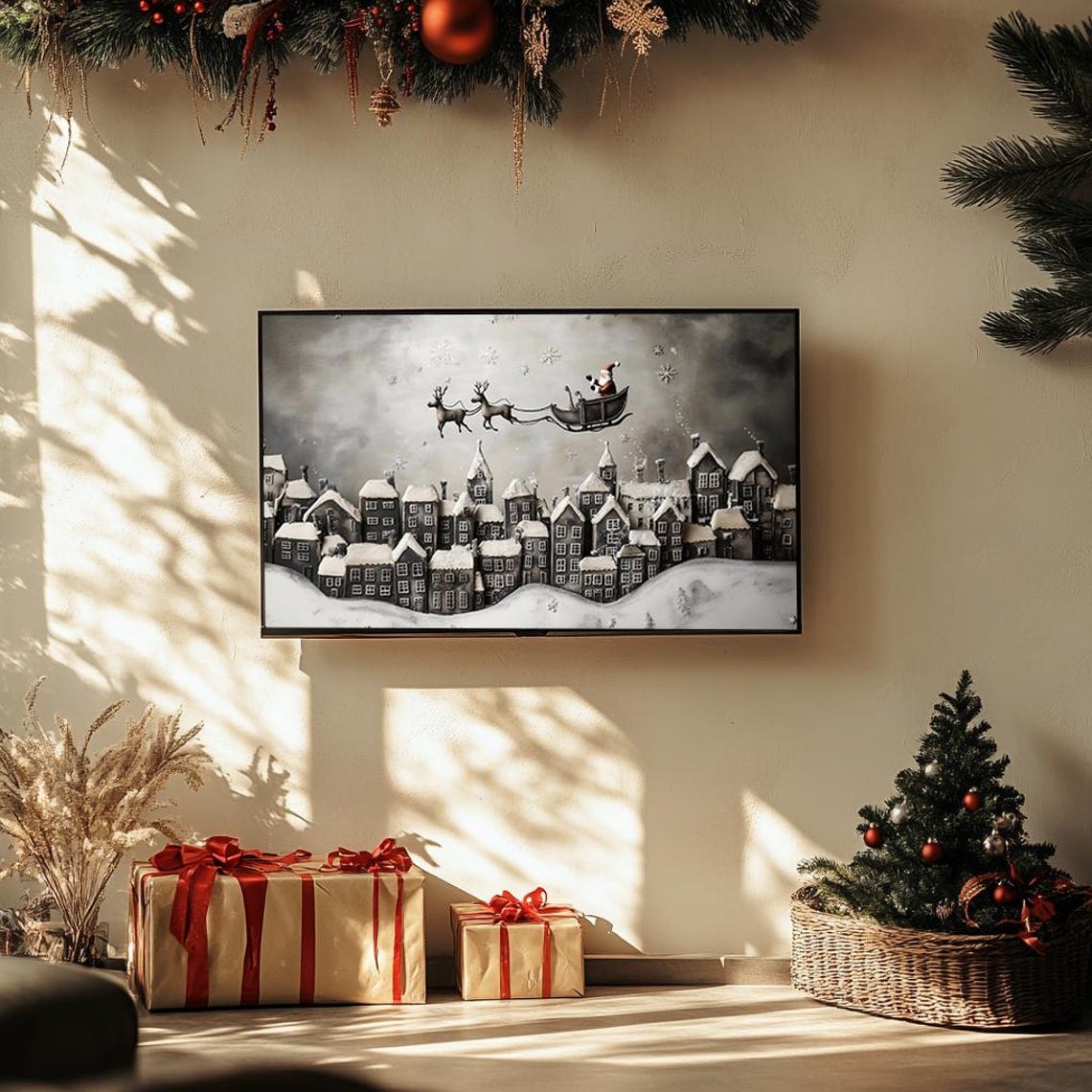 Santa Sleigh Flying Over Snowy Village Whimsical Night Art Poster - Image 3