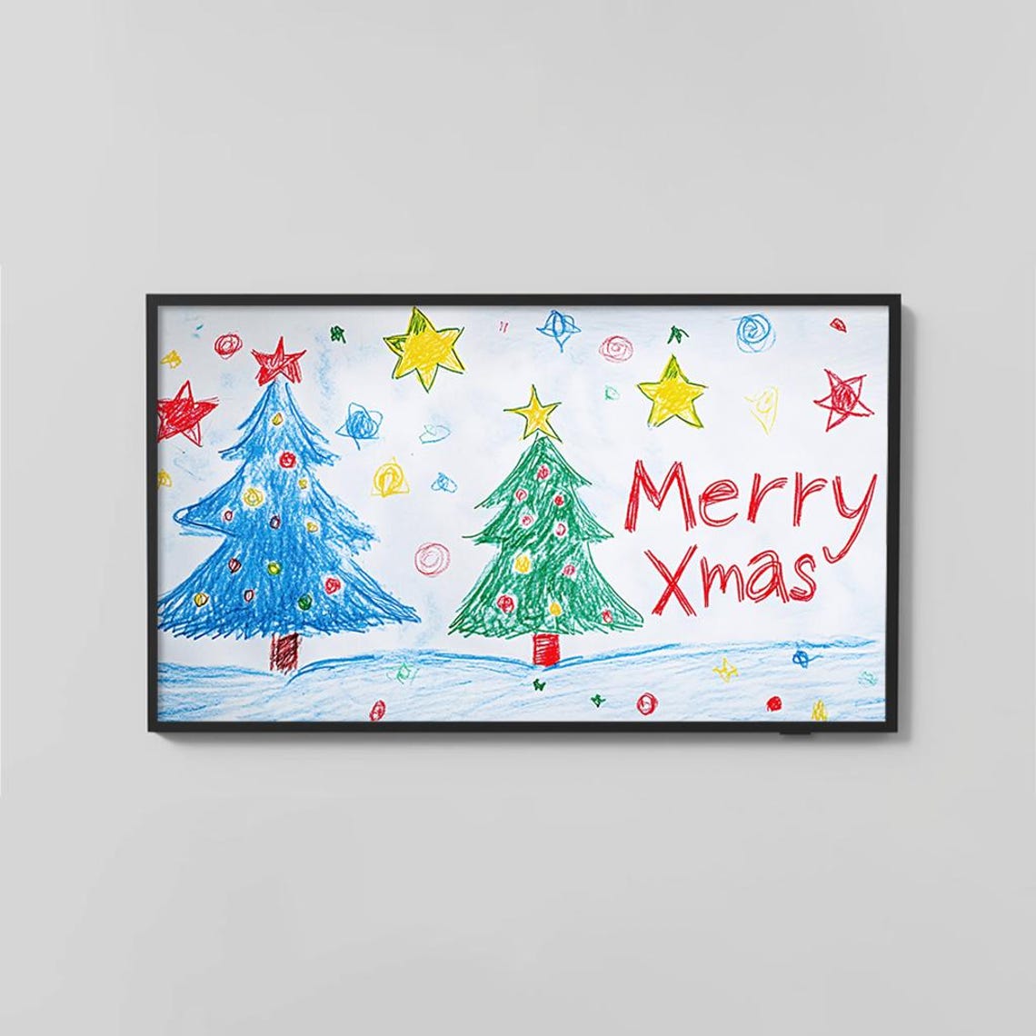 Colorful Merry Xmas Crayon Drawing Kids Christmas Tree Poster - Image 2