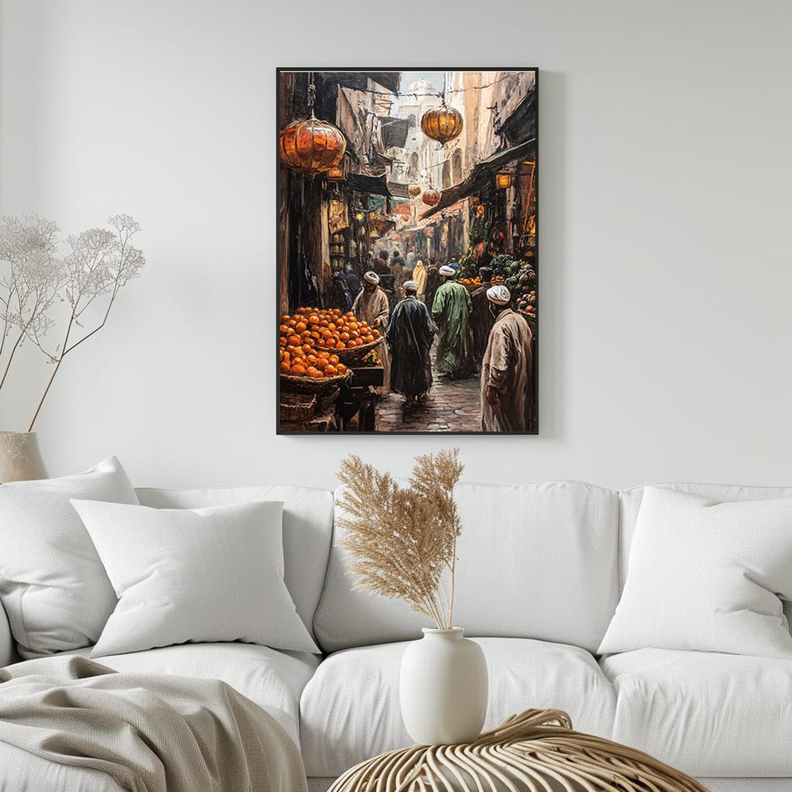 Middle Eastern Market Scene Lanterns Fruit Stalls Oil Poster - Image 5
