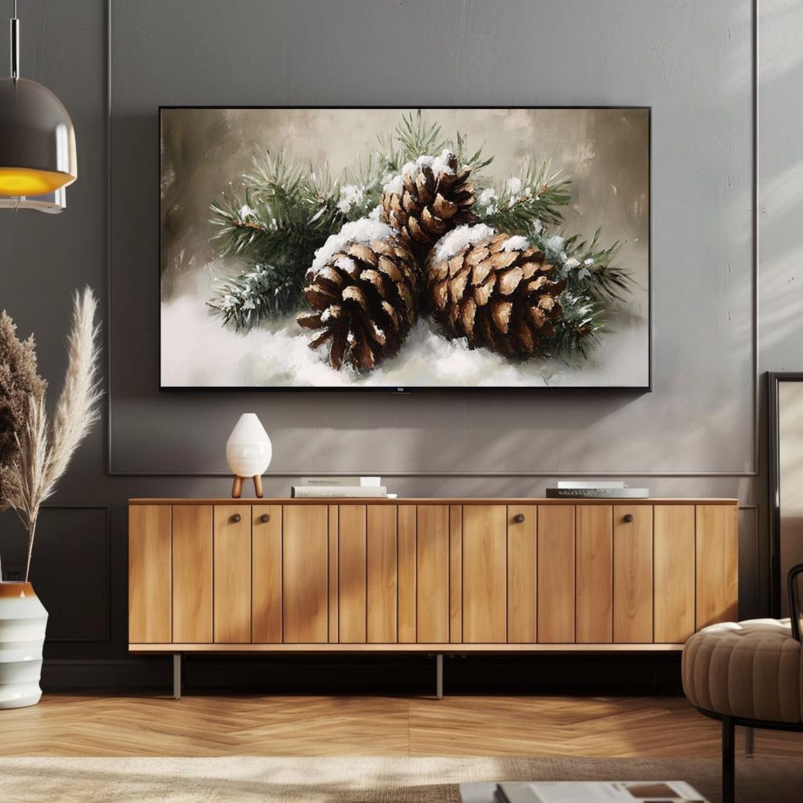 Snow Dusted Pine Cones With Evergreen Branches Winter Painting Poster - Image 4