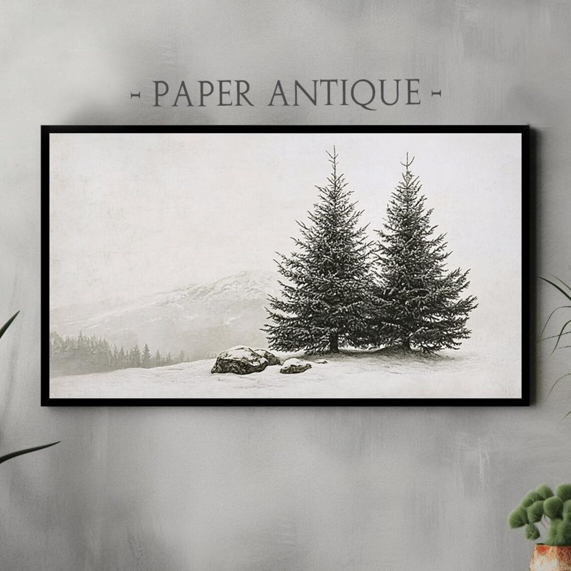 Snowy Evergreen Trees Gray Mountain Winter Landscape Art Poster