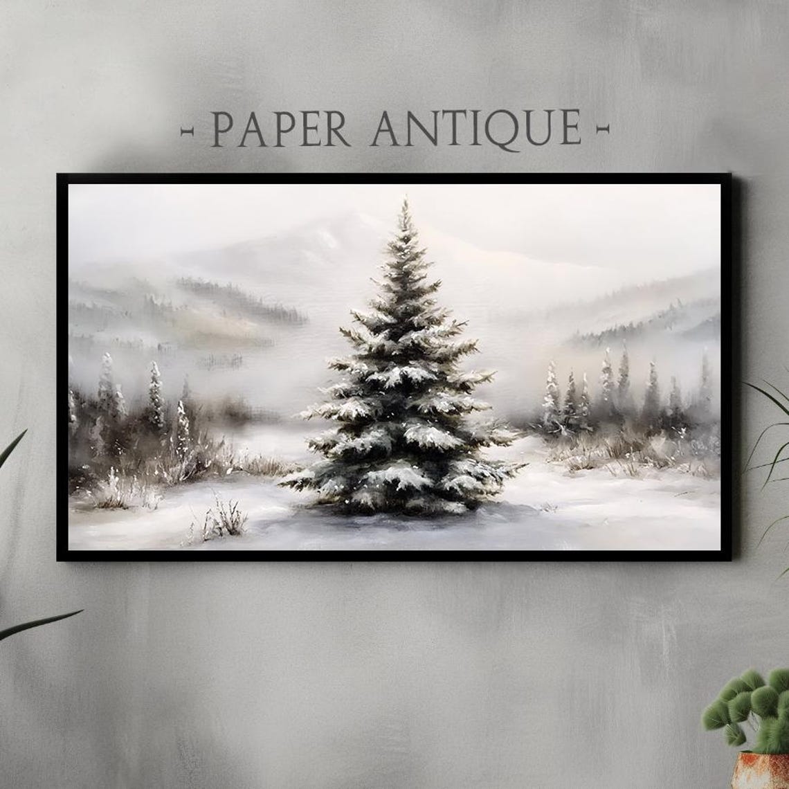 Tranquil Snowy Pine Tree in Misty Winter Woodland Scene Art Poster