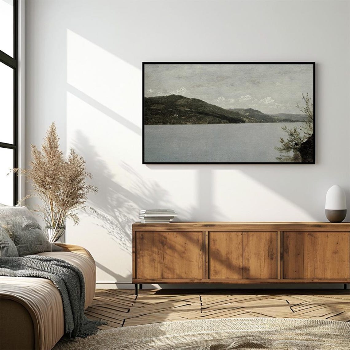 Misty Gray Lake Dark Hills Moody Vintage Landscape Art Poster - Image 4