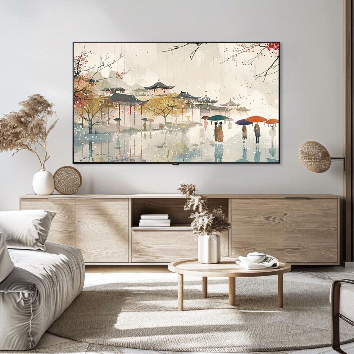Traditional Asian Rainy Landscape Pagodas Umbrellas Watercolor Poster - Image 5